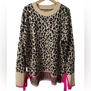 Crown & Ivy Leopard-Print Crewneck Sweater with Hot Pink Trim XXL